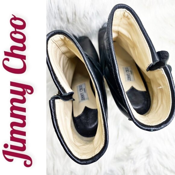 JIMMY CHOO Black Leather Studded Platform Peep Toe Biker Booties, Size 38 - Picture 8 of 8